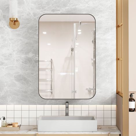 Cabinet de miroir en forme de rectangle élégant. Cabinet pour les médicaments, cabine murale avec cadre métallique. Le cabinet est équipé de miroirs et de étagères réglables. Couleur : noire. (1/5)