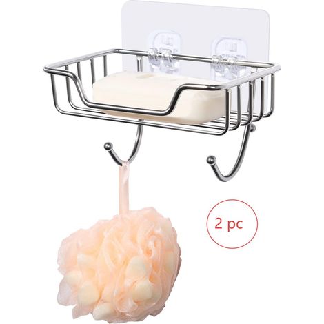 Portasapone da 2 pezzi, portasapone in acciaio inox, montaggio a parete con 2 ganci, portaspugna, autoadesivo per bagno e cucina