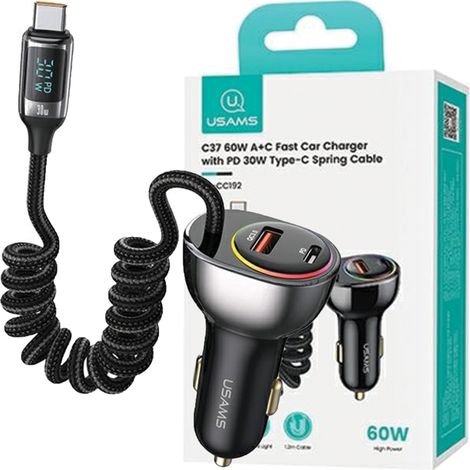 Usams Autoladegerät C37 1xUSB+1xUSB-C 60W +USB-C 30W PD+QC Schnellladekabel schwarz/schwarz CC192CC01 (US-CC192) (1/5)
