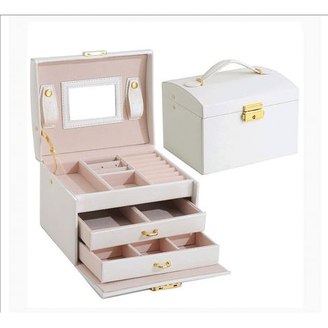 Boîte À Bijoux - Boîte De Rangement Pour Bijoux Avec Miroir Et Serrure - 17,5 X 14 X 13 Cm - Intérieur Velours - Blanc