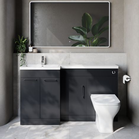 Napoli 390 Gloss Grey 1500mm 3 Door Vanity Unit Toilet Suite with Left Hand Square Lucia Basin - 1500mm - Chrome 160mm HandleWith Kingston Toilet Pan and Seat