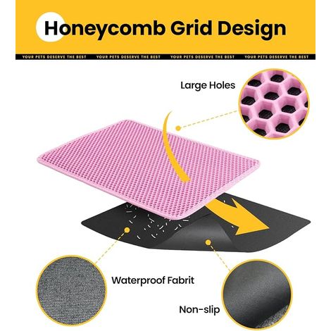 Cat Litter Mat, 76 x 55 cm, Double Layer Honeycomb Mat, Waterproof, Washable, Non-Slip, Urine Resistant Mat for Cats, Pink