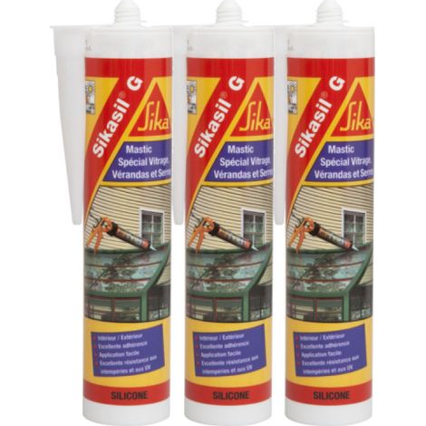 Lot de 3 mastics élastique silicone - SIKA Sikasil G - Blanc - 300ml