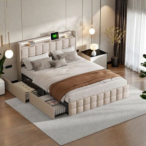 Doppelbett gepolstert TANANT 140x200 cm - Kopfteil mit USB - LED-Beleuchtung - 4 Schubladen zur Aufbewahrung - Beige