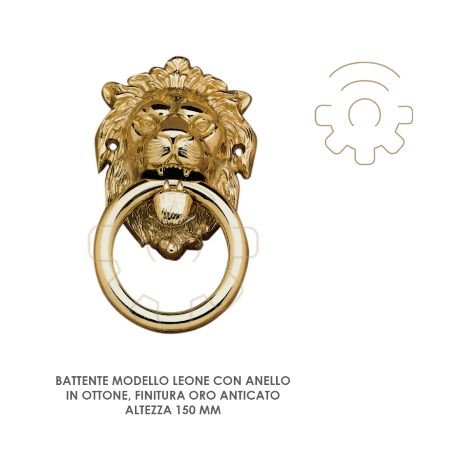 Heurtoir de porte mod Leone avec anneau en laiton finition or antique h 150 mm