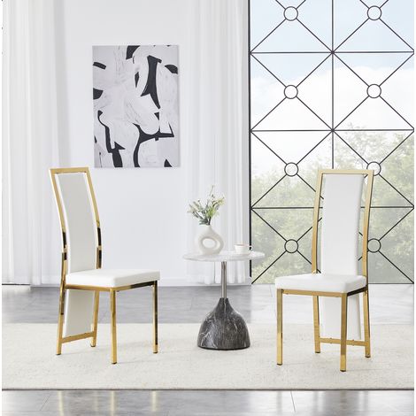 REDOM - Juego de 2 sillas de comedor, respaldo alto curvo, estructura de metal dorado, asiento de PU blanco (1/5)