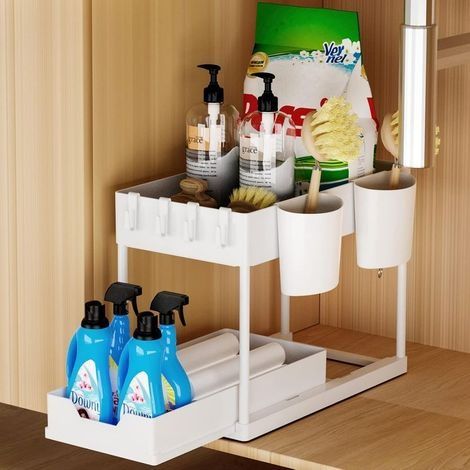 Rangement Sous Evier 2 Niveaux, Coulissant Organisateur Sous Évier Etagere Tiroir avec 4 Patères et 2 Vasques Suspendues, Multi-Usage Étagère pour Cuisine Salle de Bain, Blanc (1/5)