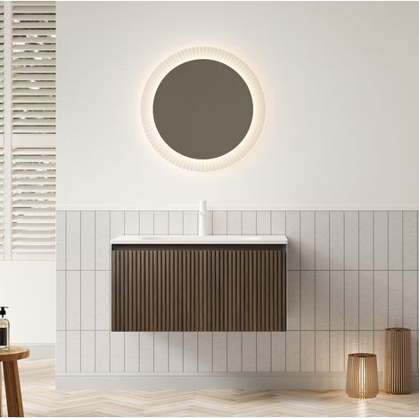 Meuble vasque suspendu moderne 80 cm aspect chêne brun avec 1 tiroir et vasque intégrée en résine blanche (1/5)