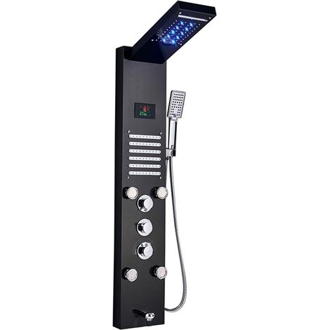 Ensemble de douche mitigeur thermostatique intelli Robinet de douche de salle de bain noir/brossé nouvellement de luxe, panneau de douche à LED, mitigeur de baignoire à colonne avec écran de températu (1/5)