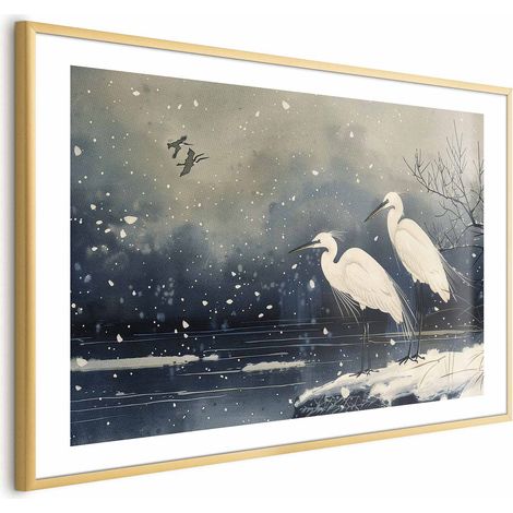 Poster – Reiher am Winterteich – Illustration im japanischen Stil in dunklen Farben (1/4)