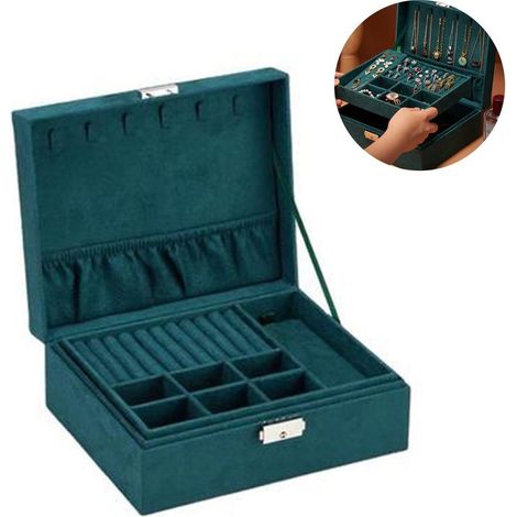 Bote à bijoux pour femme, double compartiment, grande capacité, présentoir verrouillable, convient pour boucles d'oreilles, bagues et colliers. (1/5)