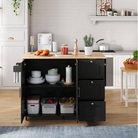 MEUBLIV îlot de cuisine mobile 135x44x90 cm noir et naturel – 3 tiroirs, roulettes (1/5)