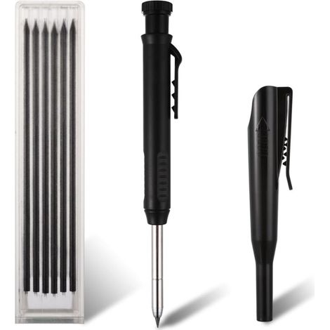 Crayon de Chantier, Crayons De Charpentier Mécaniques Avec 6 Recharges Crayon Menuisier Metal Béton Carrelage Charpentier Avec Taille Crayon Intégré Marqueur Durable(noir)