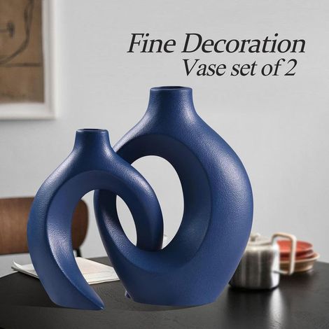 Set aus 2 hohlen Keramikvasen im nordischen Stil, moderne Dekovasen für Zuhause, blau (1/5)