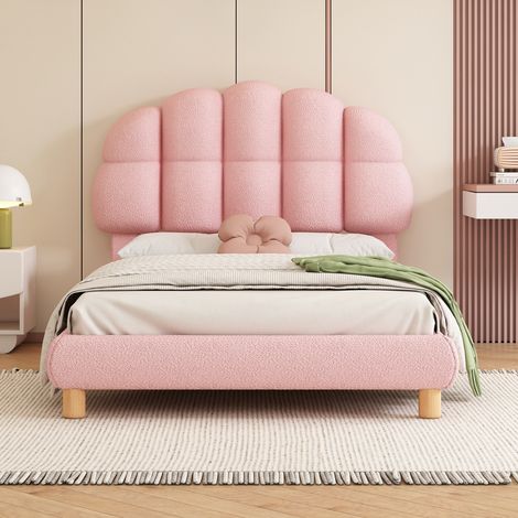 Lit enfant/ado rembourré rose 90x200 cm, sommier lattes bois, simili suédé, cadre complet