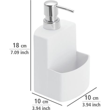 Wenko – Distributeur de savon céramique 380 ml – Pompe plastique chromée – Dimensions 10x18 cm – Espace pour éponge – Design Soft Touch blanc (1/4)