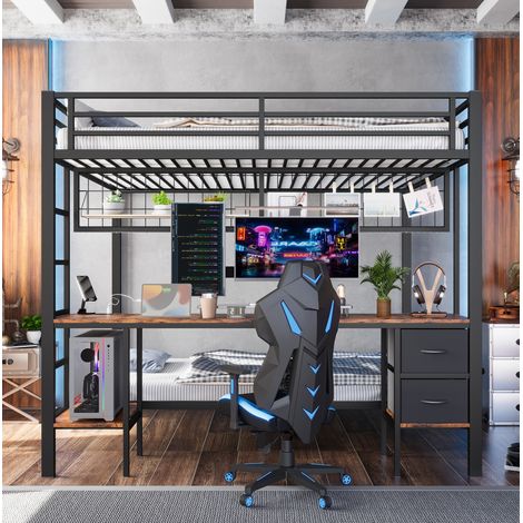 Cama alta moderna 140x200 cm de metal y MDF negra con escritorio, cajones, estantes y LED USB (1/5)
