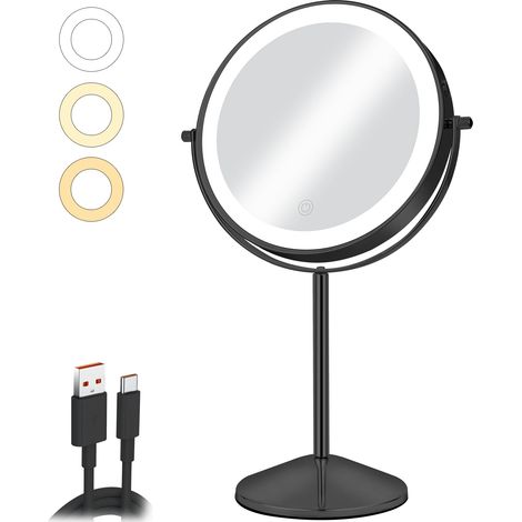 Miroir de maquillage de 20,3 cm avec lumières LED, grossissement 1x/10x, rechargeable, 3 couleurs à intensité variable, rotation à 360° pour soins de la peau et coiffeuse, noir (1/5)