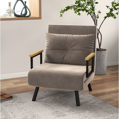 Fauteuil-lit pliable en velours, dossier inclinable 5 positions, 63 x 73 x 81 cm, marron clair (1/5)
