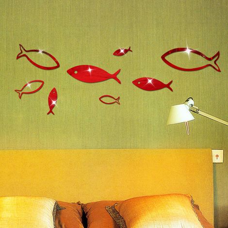 Stickers muraux miroir 3D en forme de poisson à faire soi-même pour salon, chambre, bureau à domicile (rouge) (1/5)