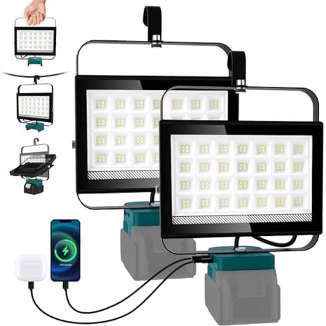 Projecteur LED pour Makita 18V, 100W 6500LM Lampe de Chantier, 2 Modes 6000K Phare avec Type C et USB pour Chantier, Garage, Camping, Pêche, 2 Pièces, Sans Batterie (1/5)