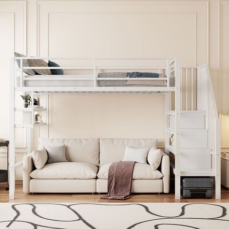 Lit mezzanine 90x200 cm - Fer blanc - Étagères intégrées - Échelle de rangement - Barrière de sécurité (1/5)