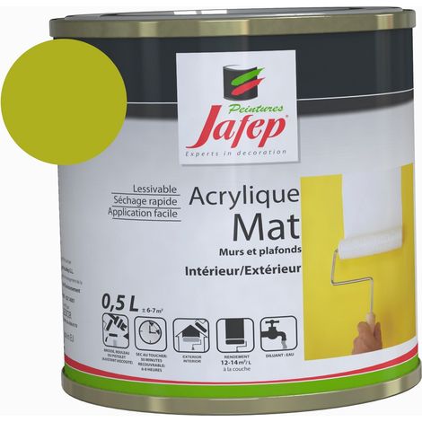 Peinture acrylique mat citron vert 0,5L – Lessivable – Pour plâtre, ciment, béton et bois – Temps de séchage 6-8h – Jafep