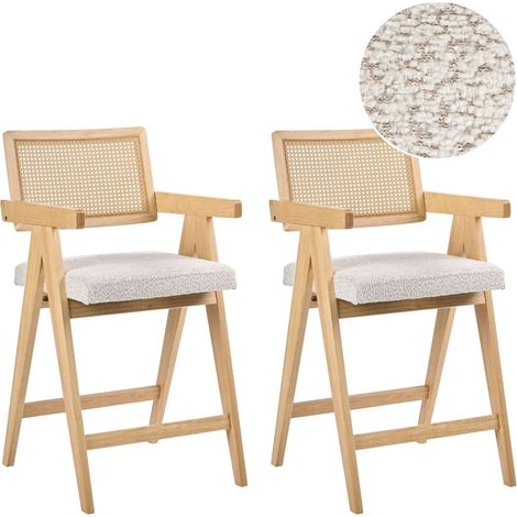 Set of 2 Bar Chairs Light Brown and Beige Rubberwood Frame Boucle Seat Retro Dining Room Kitchen AVA (1/5)