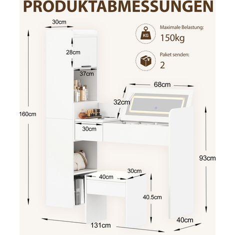 Schminktisch mit LED-Spiegel und USB-Ladefunktion, Kosmetiktisch mit Hocker, verstecktem Stauraum, Schublade und seitlichem Hochschrank, Frisiertisch in Weiß (1/5)