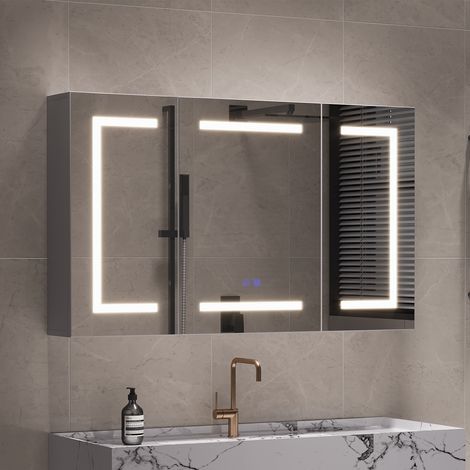 Armoire murale de salle de bain avec miroir LED tactile, meuble miroir de rangement de salle de bain, 3 portes, prise électrique intégrée et ports USB, étagères de rangement - Blanc