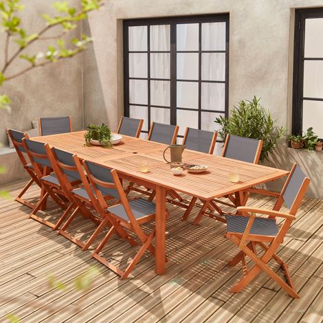 Salon de jardin en bois Almeria. grande table extensible 200 à 300cm rectangulaire 2 fauteuils 8 chaises eucalyptus et textilène Bois / Anthracite