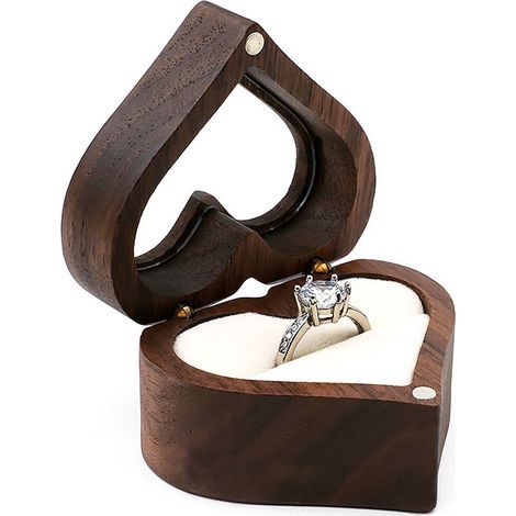Boîte à bague en bois en forme de cœur, intérieur velours, coloris blanc (1/4)
