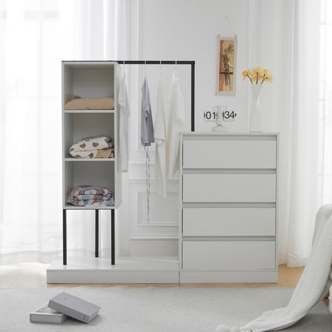 Armoire à tiroirs, ensemble d'armoire, armoire blanche, buffet, tringle à vêtements, dimensions : L140/L40/H135, blanc (1/5)