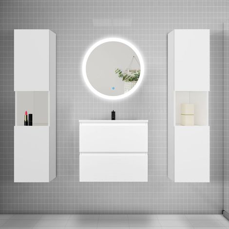 Ensemble meuble vasque L.60cm 2 tiroirs + lavabo + LED miroir rond 60cm + 2colonne,blanc Aica