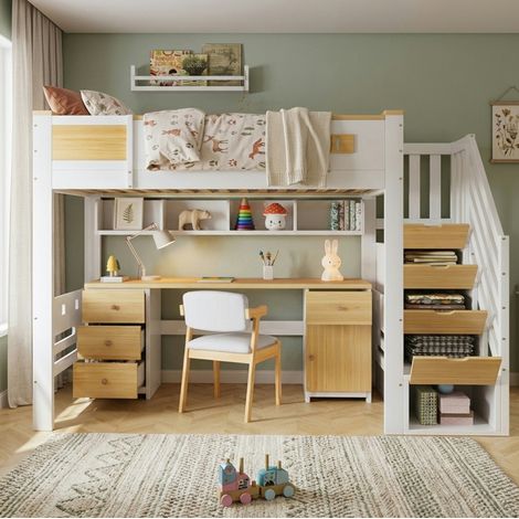 Cama alta 90/200 cm en blanco y natural con escritorio, cajones y escalera con almacenaje (1/5)