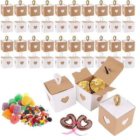 40 Pcs Petite Boite Cadeau Blanche et Marron avec Coeurs - 5,5x5,5x5,5 cm Boite Papier Kraft pour Chocolat, Anniversaire Fête,Saint Valentin, Bapteme, Communion, Noël, Blanche (1/5)