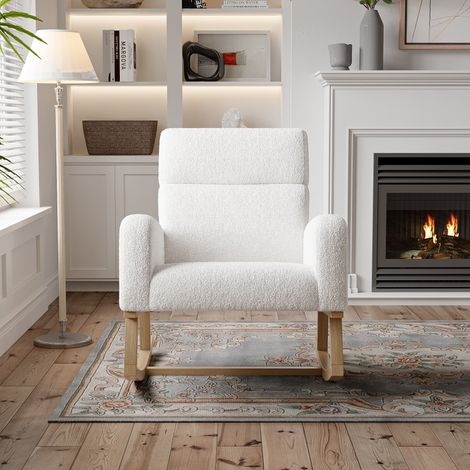 Fauteuil à Bascule,fauteuil rembourré,fauteuil allaitement,Rocking Chair avec rangement de poche,dossier incliné,tissu polaire,Blanc (1/5)