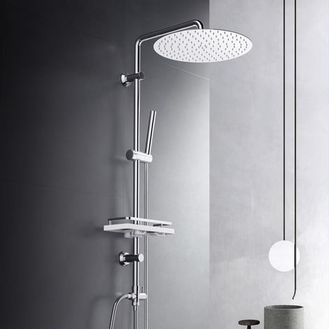 Colonne de douche sans robinetterie, acier inoxydable système de douche avec barre de douche réglable hauteur, pommeau pluie 30 cm et étagère, Chromée (1/5)