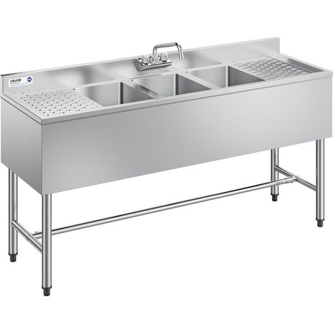 VEVOR Fregadero Independiente de 3 Compartimentos con Grifo, Acero Inoxidable, Lavabo de 1524 x 470 x 838 mm con 2 Escurridores, Protector Antisalpicaduras para Hogares Exteriores Cocinas Restaurantes (1/5)