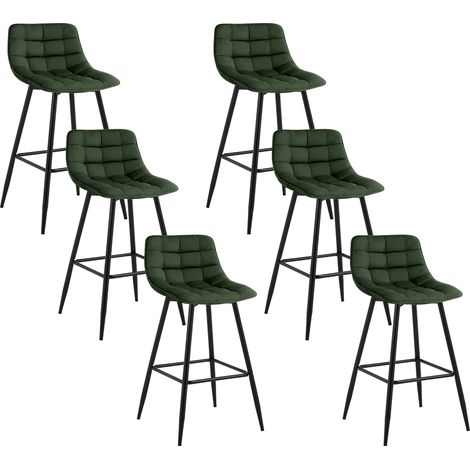 Woltu – Lot de 6 tabourets de bar en velours vert foncé – Hauteur d'assise 64 cm – Pieds en métal – Repose-pieds ergonomique