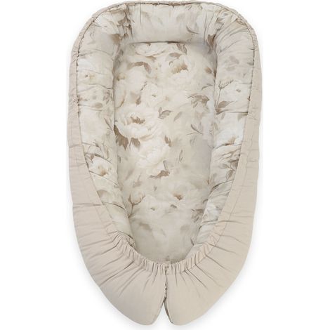 Cocon bébé, double face, parc, lange, Premium BOBONO - Pivoines beige/gris pierre
