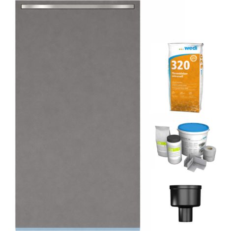 Receveur à carreler 120 x 80 cm Wedi Fundo Riolito Neo + barrette + bonde verticale + kit d'étanchéité et colle 320