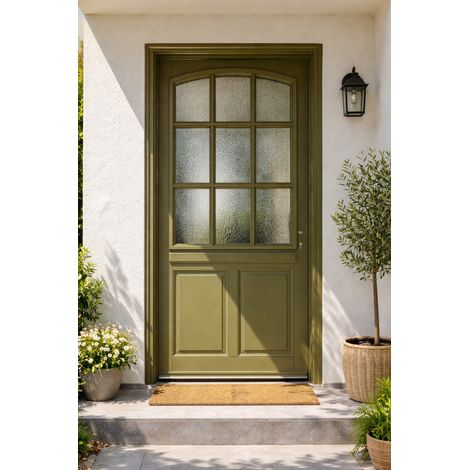 Puerta de entrada de madera con cristalera Andore verde gris oliva, H.215xL.90 cm, lado de la tabla P, izquierda, pomo, cilindro, GD MENUISERIES