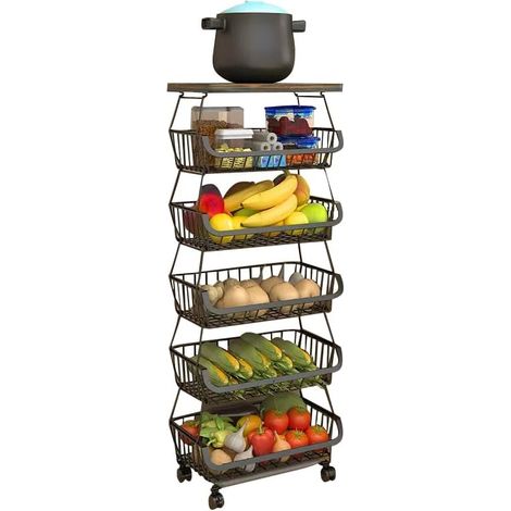 Paniers de rangement empilables en fil de métal avec roulettes, étagère de rangement à 6 niveaux, chariot à fruits et légumes, étagère à vaisselle pour salle de bain, garage et garde-manger (1/5)