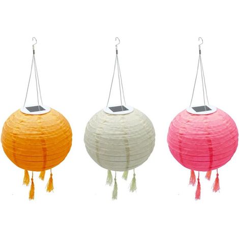 Lot de 3 lampion solaire SHANGRI LA – Orange Nylon D20cm – Idéal pour jardin, terrasse ou balcon – Lumière douce décorative (1/5)
