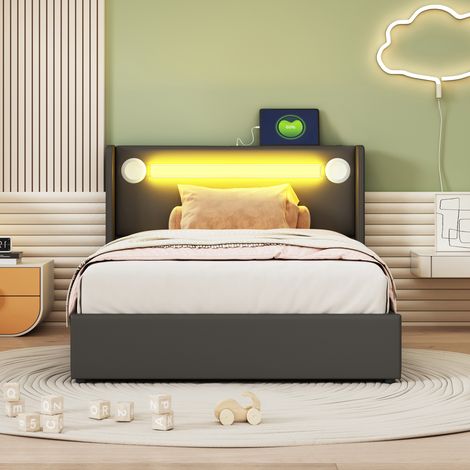 Lit enfant 90x200 cm avec éclairage LED intégré, Bluetooth et port de charge USB, coffre de rangement en simili cuir, sommier à lattes fourni