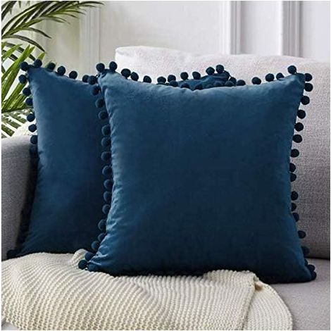 2 Pcs Housse de Coussin en Velours Taie d'oreiller Decorative Taie d'oreiller Boule de Fourrure de Couleur Pure Super Doux Maison Salon Chambre pour Canapé Taie d'oreiller (Marine) (1/5)