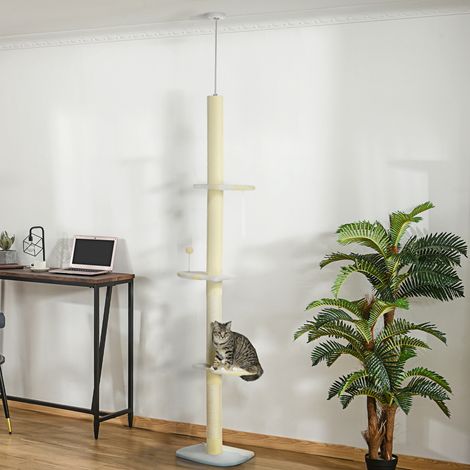 PawHut Katzenbaum, höhenverstellbar, mit Sisalstamm und Spielball, 47 x 34 x 220–260 cm, Creme
