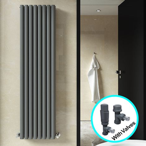 ELEGANT Central Heating Radiator 1800 x 472mm Vertical Anthracite Double Panel Oval Column Rad + Thermostatic Radiator Valves (1/5)