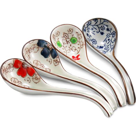 Lot de 4 cuillères à soupe en céramique japonaises et coréennes, style rétro asiatique, cuillères à riz chinoises, cuillères à ramen, cuillères à soupe à fleurs peintes, cuillères en céramique à long (1/5)